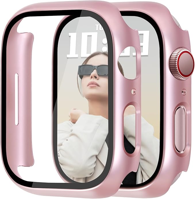 JR.DM 45mm 2 Pack Hard PC Case with HD Tempered Glass Screen Protector for Apple Watch Series 9/8/7, Slim Guard Bumper Full Coverage Protective Anti-Scratch Face Cover for iWatch, Pink/Clear by JRDM