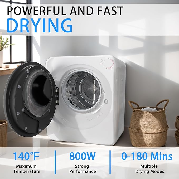 1.6 Cu.Ft Portable Clothes Dryer, 800W Fast Drying Front Load Laundry Dryer with 5 Mode, Mini Electric Clothing Dryer with Stainless Steel Tub, Compact Machine for Apartment, Home, Dorm - Image 3