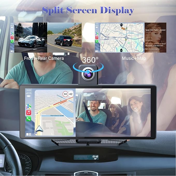 10.26" Wireless Portable Carplay Screen CarPlay & Android Auto Car Stereo 360 Rotation 4K Dash Cam 1080p Rear Camera Mirror Link Voice Control GPS Navigation(SD Card Excluded) - Image 3