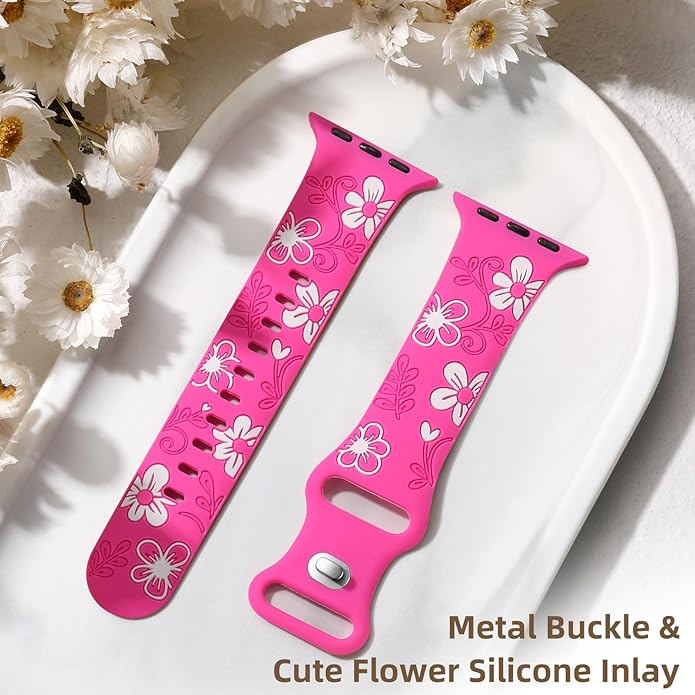 Witzon Floral Band Compatible with Apple Watch Bands For Women 40mm 41mm 38mm 42mm 44mm 45mm 46mm 49mm, Engraved Cute Flower Silicone Dressy Strap for iWatch Series 11 10 9 8 7 6 5 4 3 2 SE Ultra - Image 8