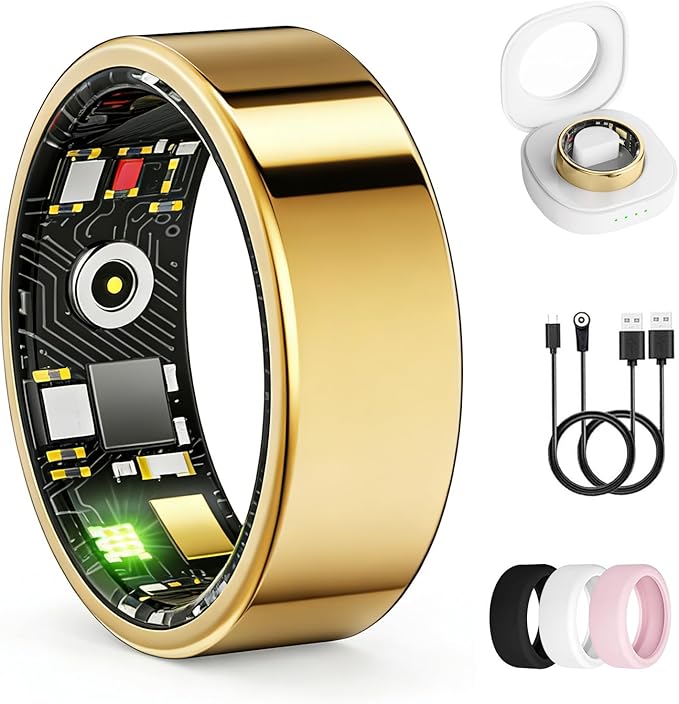 Smart Ring for Women & Men, Health Tracker Ring with Heart Rate, Blood Oxygen,Blood Pressure, IP68 Waterproof Fitness Ring, Sleep Tracker for iPhone and Android, No APP Fee (Gold, 10#) by UniverseJethro