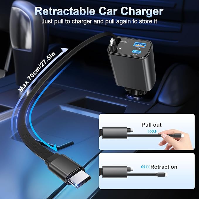 3 Pack Retractable Car Charger USB C Fast Charging, 4 in 1 Car Adapter Phone Charger, 77W Cigarette Lighter USB Charger with Retractable USB C Cable for iPhone16/15/14/13/12/11,Galaxy,Pixel - Image 4