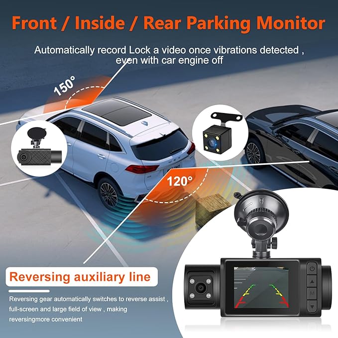 Podofo 3 Channel Dash Cam,1296P Dashcam Front and Inside,Triple Dash Cam Three Way Dash Camera for Cars,Car Camera with WDR Night Vision,150°Wide,G-Sensor,Loop Recording,24H Parking - Image 8