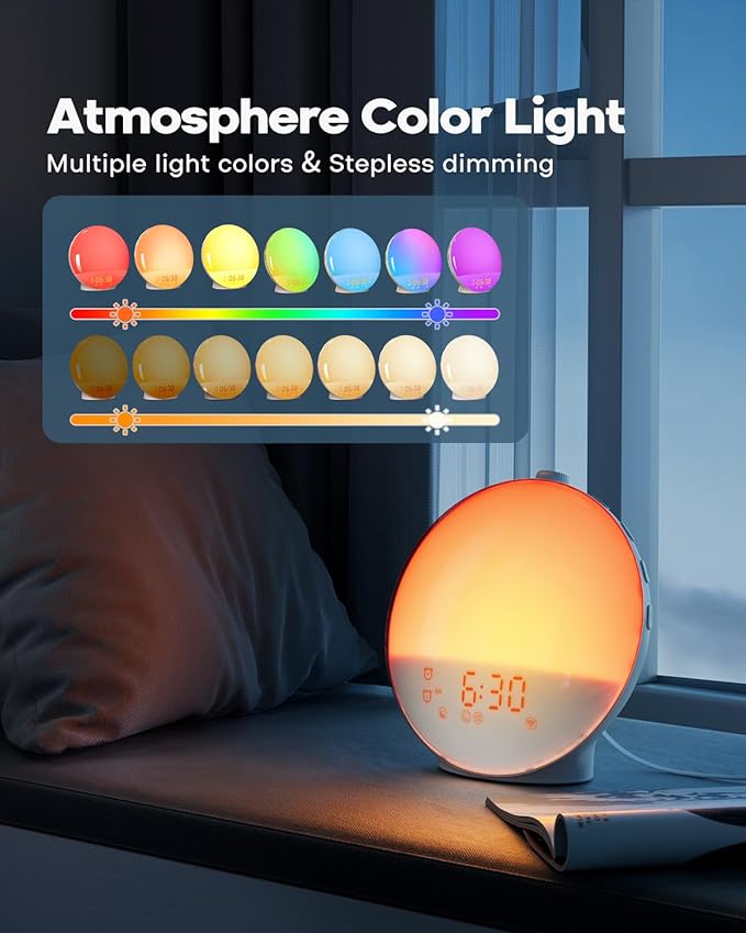 Sunrise Alarm Clock for Heavy Sleepers, Wake Up Light with Sunrise/Sunset Simulation, Dual Alarms & Natural Sounds, Snooze & Sleep Aid, FM Radio, 7 Colors Night Light for Bedroom, Ideal for Gift - Image 4