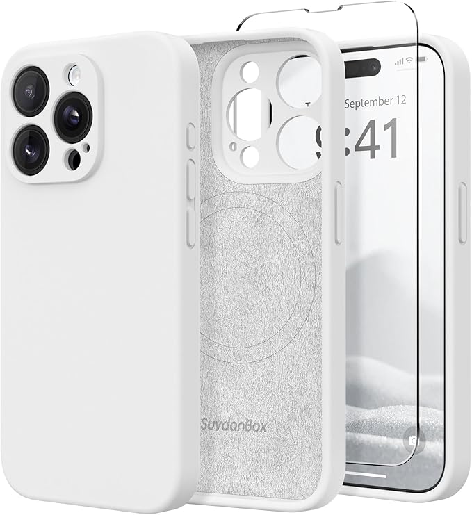 Magnetic for iPhone 14 Pro Max Case, Compatible with MagSafe, [Full Camera Protection][Screen Protector] Silicone Shockproof Protective Phone Case for iPhone 14 Pro Max 6.7", White by SUYDANBOX