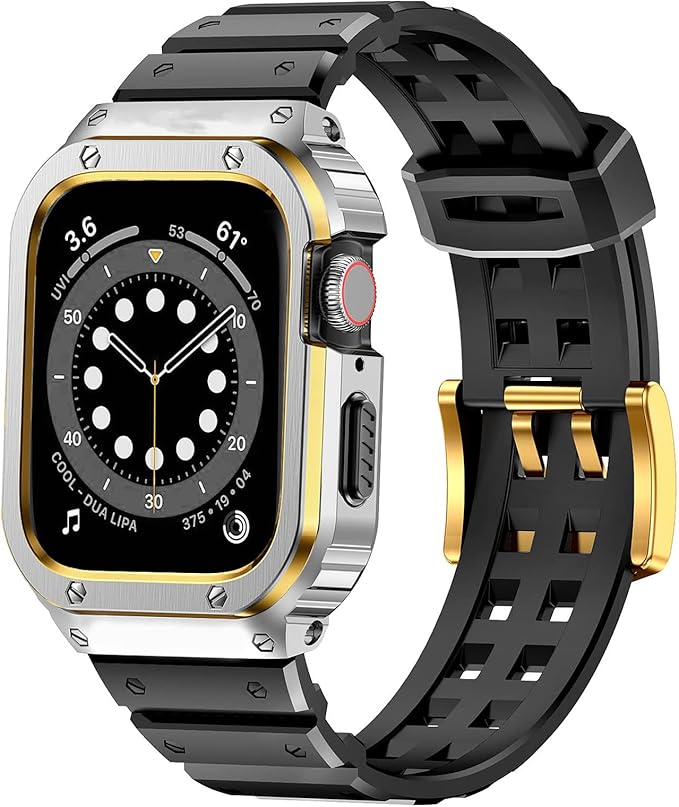 SUPLINK Stainless Steel Case and Band Compatible with Apple Watch Bands 45mm, Rugged Protective Bumper Metal Case Cover and TPU Band for iWatch Apple Watch Series 9 8 7 Men (Silver/Gold) by ClassicQualityandValue