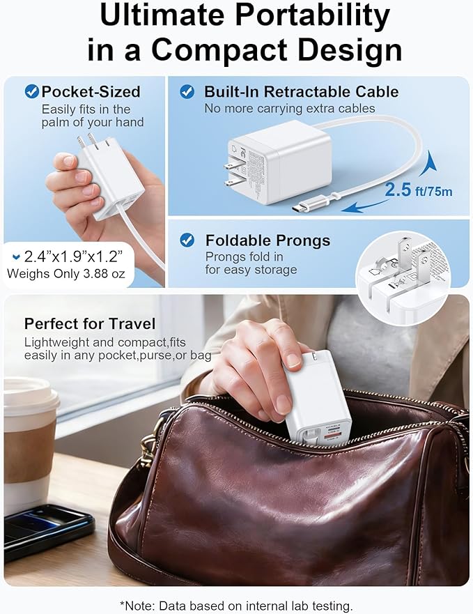 Retractable Charger Type C Cable for Google Pixel 10a 10 Pro Fold 10 XL 9a 9 8a, Fast Car Charger Adapter + Foldable Wall Plug Kit with Built in Type C Cord for iPhone 17e 17 Pro Max 17Pro 16e 16 15 - Image 3