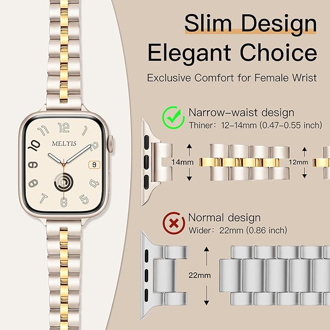 Melyis Slim Metal Band Fits Apple Watch Bands for Women 42mm(Series 11/10) 40mm 41mm 38mm, Stainless Steel iWatch Bands, Dressy Band for Apple Watch Series 11 10 9 SE 8 7 6 5 4 3, Starlight&Gold - Image 2
