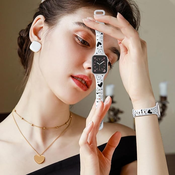 Lerobo Slim Thin Two-Tone Compatible with Apple Watch Band 40mm 38mm 41mm 42mm 44mm 45mm 46mm 49mm for Women- Soft Cute Flower/Heart Engraved Sport Band for iWatch Series 11 10 9 8 7 6 5 4 3 SE Ultra - Image 8