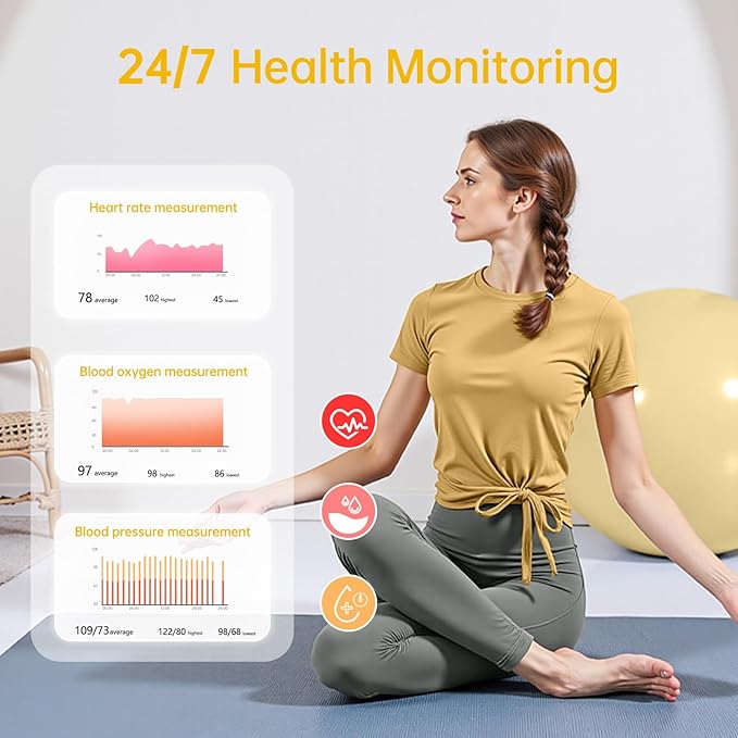 Smart Ring for Women & Men, Health Tracker Ring with Heart Rate, Blood Oxygen,Blood Pressure, IP68 Waterproof Fitness Ring, Sleep Tracker for iPhone and Android, No APP Fee (Gold, 7#) - Image 5