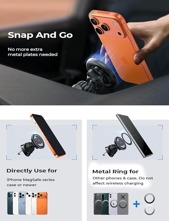 LISEN for MagSafe Car Mount [360° Rotation] Magnetic Phone Holder for Car Vent Phone Mount, Hands Free Phone Mount for Car Accessories fit iPhone Includes Vent/Dashboard Mount, Black Kits - Image 6