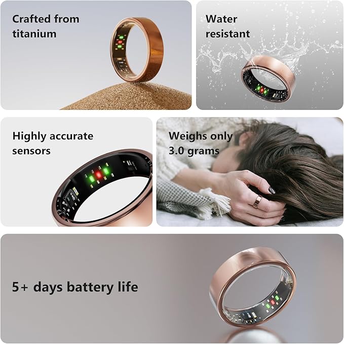 Titanium Smart Ring, Sleep & Activity Tracking Ring with Heart Rate, HRV, Stress Insights, 7-Day Battery Life, No Subscription, IP68 Waterproof, iOS & Android Compatible (Rose Gold, 7) - Image 6