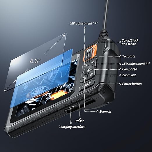 Endoscope Camera with Light, Inspection Borescope Camera with 4.3" IPS Screen, 1920P HD with 8 LED Lights, 16.5FT Semi-Rigid Cord Bore Scope, IP67 Waterproof Endoscope for Sewer, Tools(Orange) - Image 2