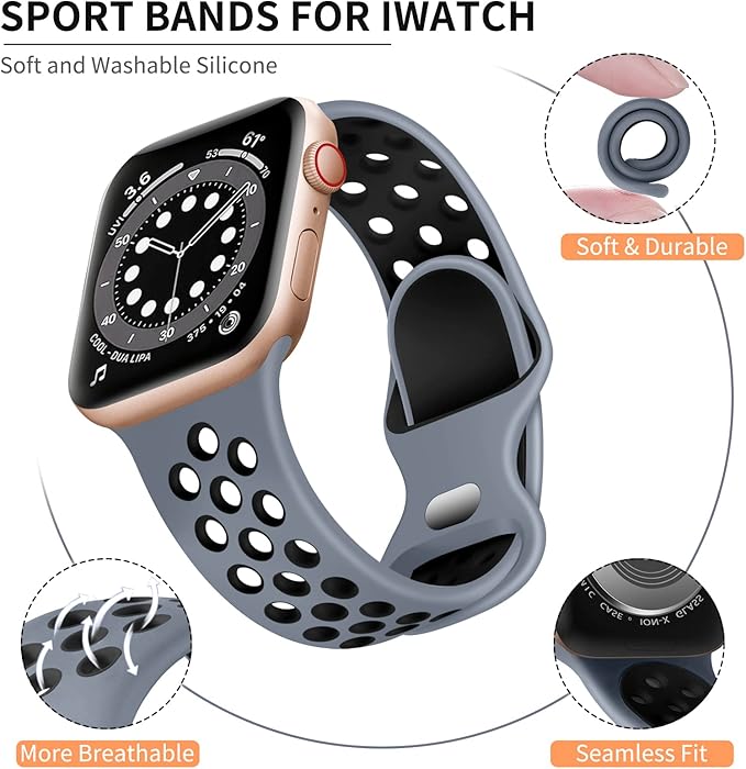 Lerobo Sport Band Compatible with Apple Watch Band Series 9 41mm SE 3 40mm 38mm Series 11 42mm for Women Men,Soft Silicone Breathable Band for iWatch SE SE 2 Series 10/8/7/6/5/4/3/2/1 Obsidian/Black - Image 2