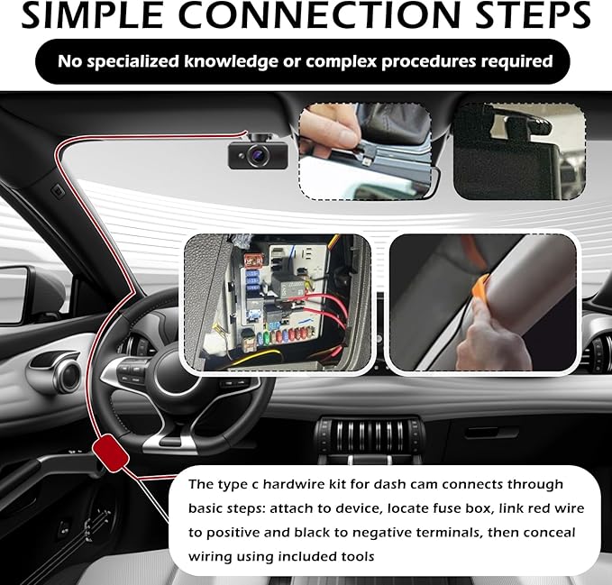 9.68Ft Dash Cam Hardwire Kit USB C,12V-30V to 5V Hardwire Kit for Dash Camera for Cars with Low Voltage Protection,Dashcam Hardwires Kits USB C with Car Fuse Tap/5A Blade Fuse - Image 3