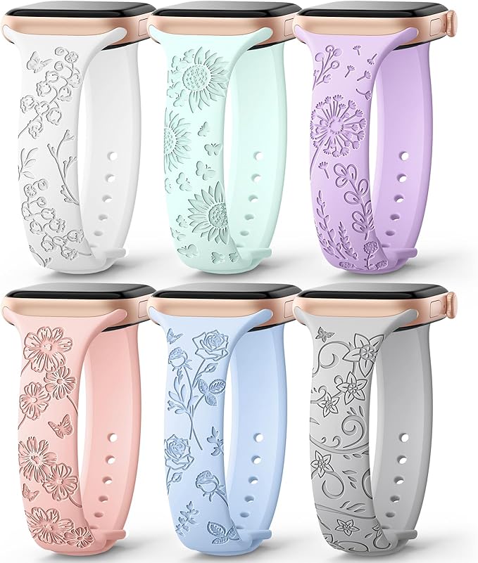 AMSKY 6 Pack Slim Floral Engraved Bands Compatible with Apple Watch Band 40mm 41mm 42mm 38mm 44mm 45mm 46mm 49mm for Women,Cute Silicone Sport Strap for iWatch Series 11 10 Ultra 9 8 7 6 5 4 3 2 1 SE by AMSKY
