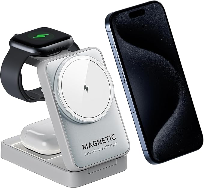 2026 Upgraded 3-in-1 Wireless Charger for iPhone,Travel Magnetic Charger Stand Nightlight Foldable Wireless Charging Station Compatible with Magsafe Charger&iPhone 17/16/15/14/13,Apple Watch&AirPods by BODSEIEOU