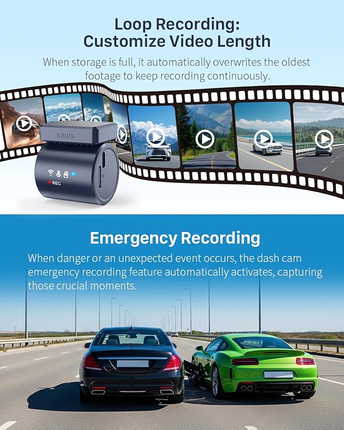 KAWA 2K Dash Cam for Cars with Voice Control - Stealth Display Tiny Dashcam Front Included 32GB Micro SD Card, Super Night Vision, 1296P QHD, G-Sensor, Built in WiFi & App Car Camera - Image 8