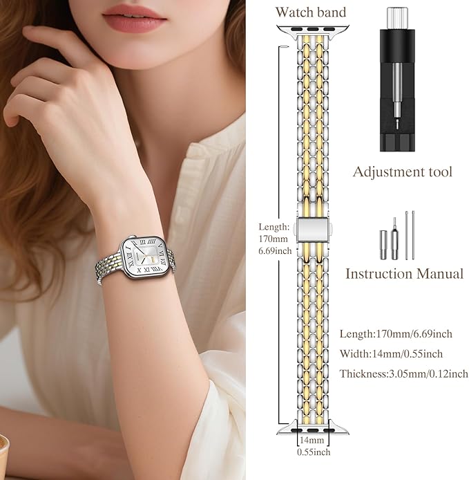 MioHHR Slim Metal Bands Compatible with Apple Watch Bands for Women 49mm 46mm 45mm 44mm 42mm (Series 3/2/1), Stainless Steel Strap Bands for iWatch Series 11 10 9 8 7 6 5 4 3 2 1 SE3/2/1 Ultra 3/2/1, Silver/Gold - Image 4