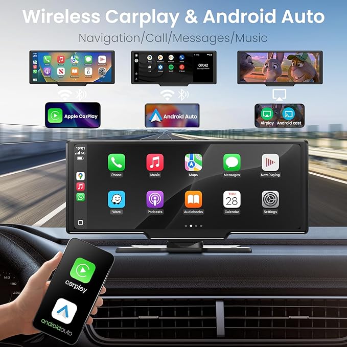 10.26 inch Wireless CarPlay Touchscreen for Car: 4K Dash Cam Car Play Screen with Carplay & Android Auto Portable Car Stereo 1080p Backup Camera GPS Navigation Bluetooth Mirror Link - Image 3