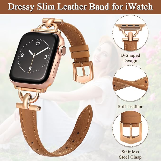 Leather Band Compatible with Apple Watch Bands for Women, Dressy Fancy Strap for iWatch Series 11/10/9/8/7/6/5/4/3/2/1/se(38mm 40mm 41mm 42mm,Light Brown/Rose Gold) - Image 3