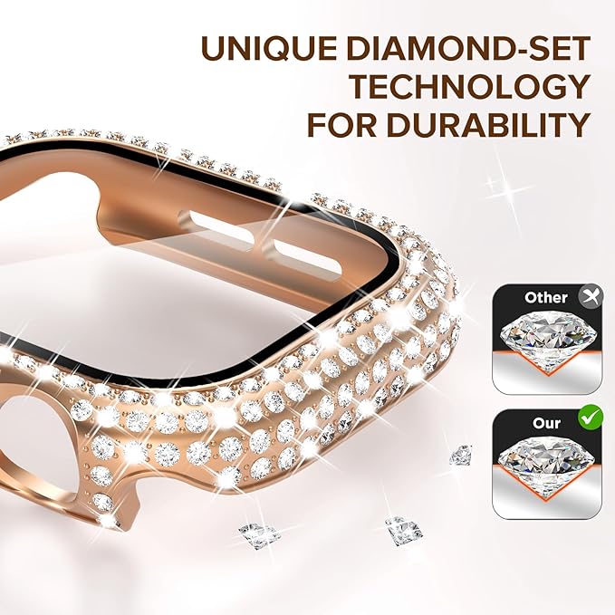 KADES Compatible with Apple Watch Series 3 2 1 with Built-in Tempered Glass Screen Protector Bling Crystal Diamond Rhinestone Full Protective Bumper Cover for Women (42mm,Rose Gold) - Image 4
