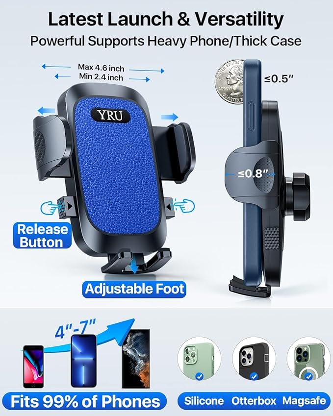 YRU [True Upgrade for Safety] Car Phone Holder Mount [Patent & Military-Grade] Dashboard Cell Phone Holder for Car Vent Windshield Phone Stand for iPhone 17 16 15 14 13 Pro Max Truck Samsung, Blue - Image 3
