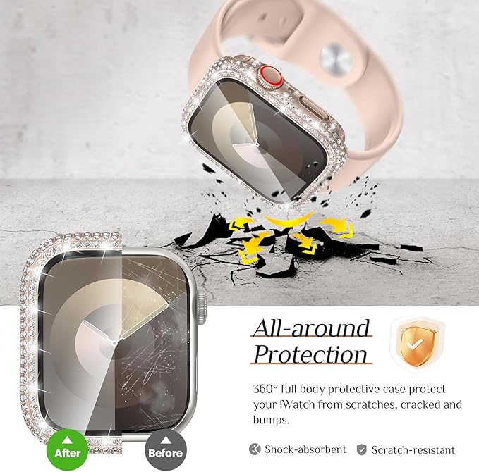 Goton 41mm Waterproof Bling Case for Apple Watch Screen Protector Series 9/8/7 41 mm, Sparkling PC Front Bumper & Hollow Back for iWatch Cover, Splash-Resistant, Easy Install - Image 6