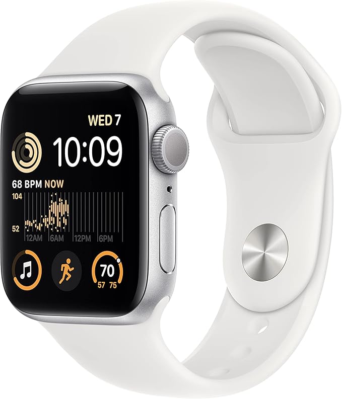 Apple Watch SE (2nd Gen) (GPS, 40mm) - Silver Aluminum Case with White Sport Band, S/M (Renewed) by Amazon+Renewed
