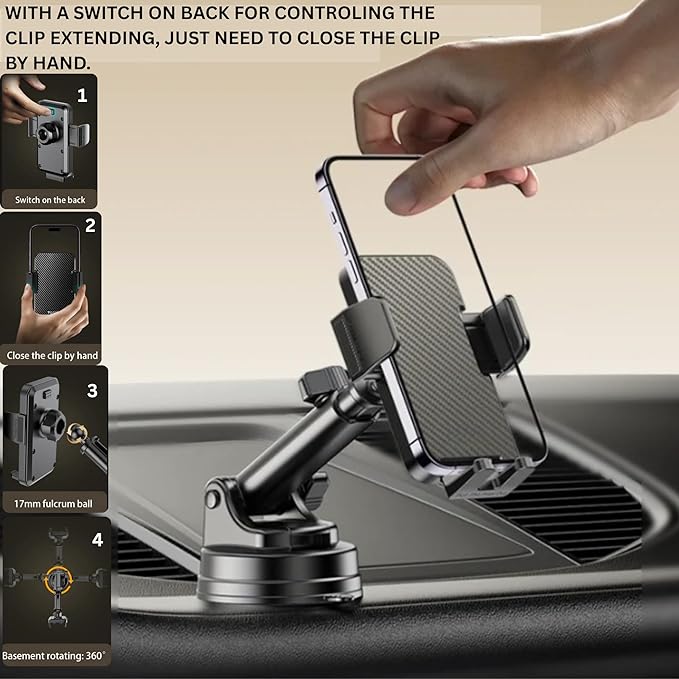 Car Phone Holder【Premium Ultra Strong & True Military Grade】With Suction Cup & Adjustable Arm For Dashboard/Windshield Car phone Mount Secure Grip【360°】Carbon Fiber Design Fits All Smartphones - Image 4