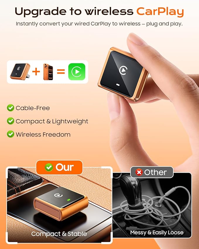 2026 Wireless CarPlay Adapter for Apple Only, Upgrade Mini Aluminium Car Play Adapter Converts Wired to Wireless CarPlay for iPhone, Plug & Play, Auto Connect Fast and Stable, with USB-C, CosmicOrange - Image 2