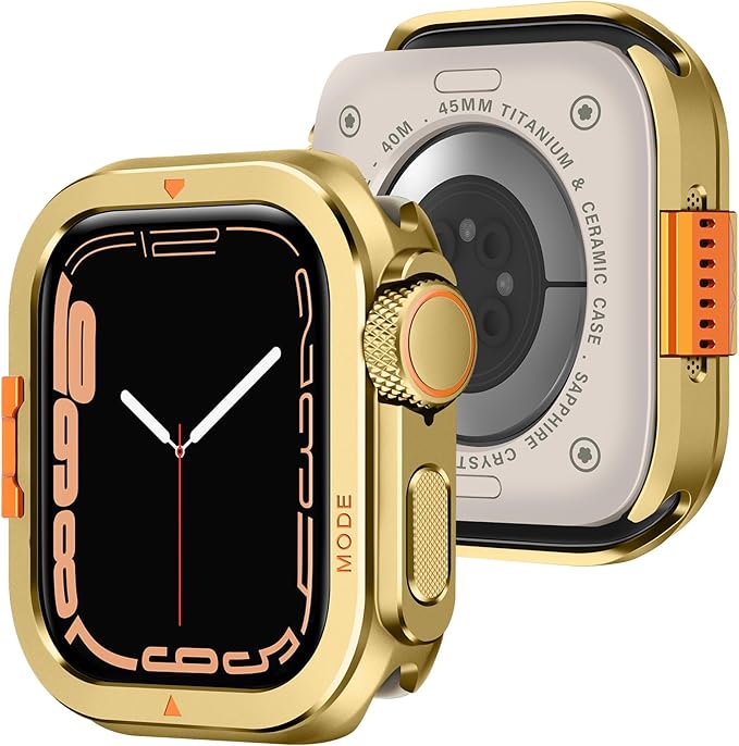 Amizee Metal Case Compatible with Apple Watch Series 9/8/7 45mm with Back Cover, Rugged Protective Bumper Cover for iWatch 45mm, Gold by Amizee