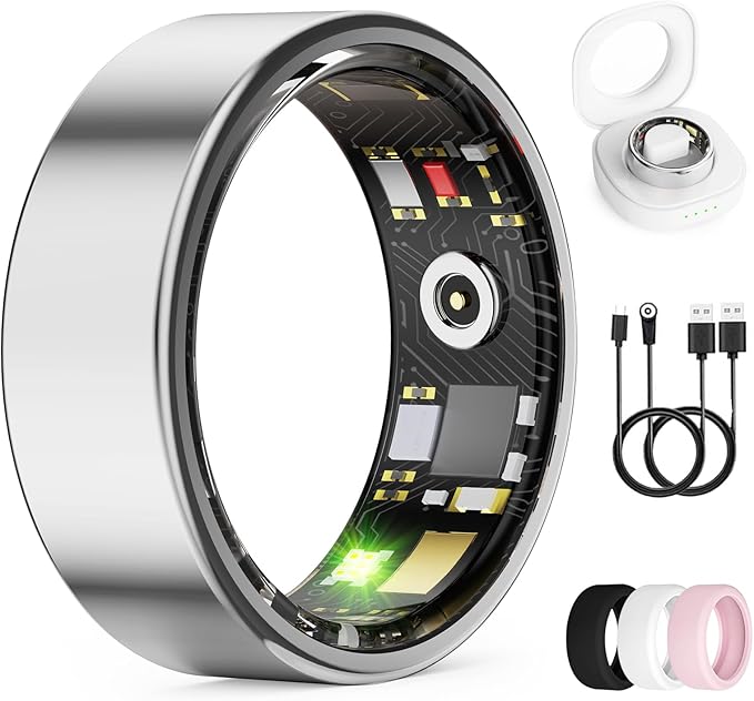 Smart Ring for Women & Men, Health Tracker Ring with Heart Rate, Blood Oxygen,Blood Pressure, IP68 Waterproof Fitness Ring, Sleep Tracker for iPhone and Android, No APP Fee (Silver, 7#) by UniverseJethro