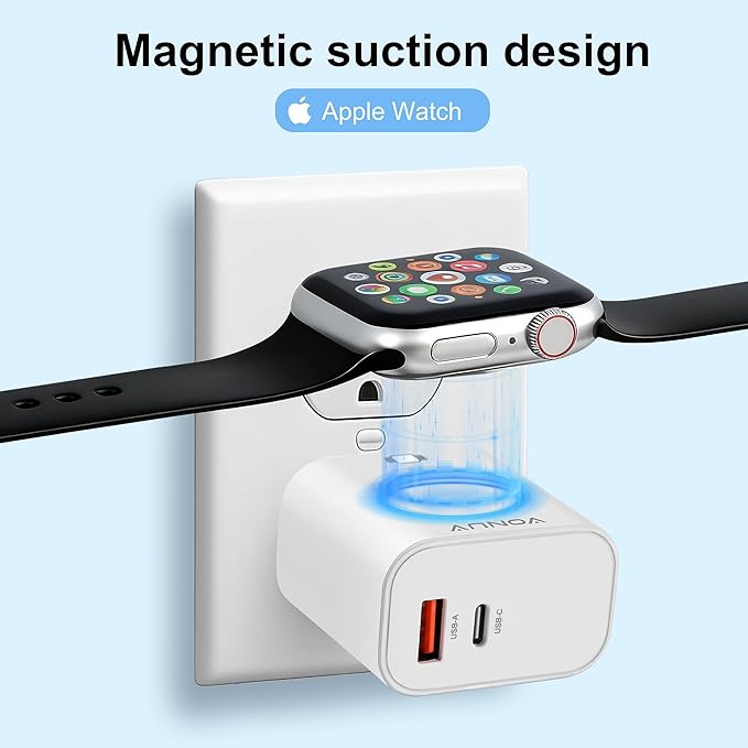 3-in-1 Adapter for Apple Watch, 20W USB C Fast Charging Block with Dual Ports & Magnetic Wireless Adapter, Portable Travel Wall Plug for iWatch Ultra/SE/11/10/9/8/7, iPhone 17/16/15/14, AirPods - Image 3