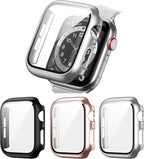 BHARVEST 3-Pack Hard PC Case Compatible with Apple Watch Series 9/8/7 41mm, Case with Tempered Glass Screen Protector Bubble-Free Cover for iWatch 9/8/7 Accessories, (Black+Silver+Rose Gold, 41mm) by BHARVEST