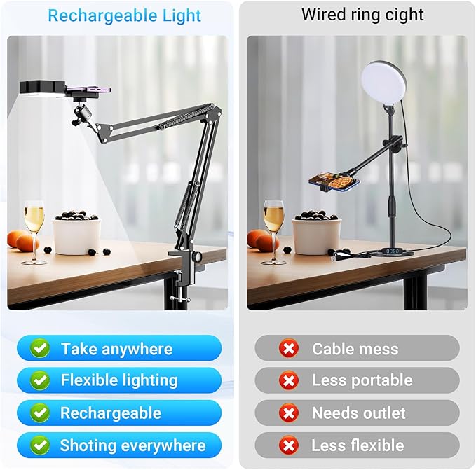 Overhead Phone Mount with Rechargeable Light for iPhone, Desk Tripod with Clamp for Content Creator Camera Recording, Top Down Holder Stand for Filming/Live/Cooking/Unboxing/Drawing/YouTube/TikTok - Image 3