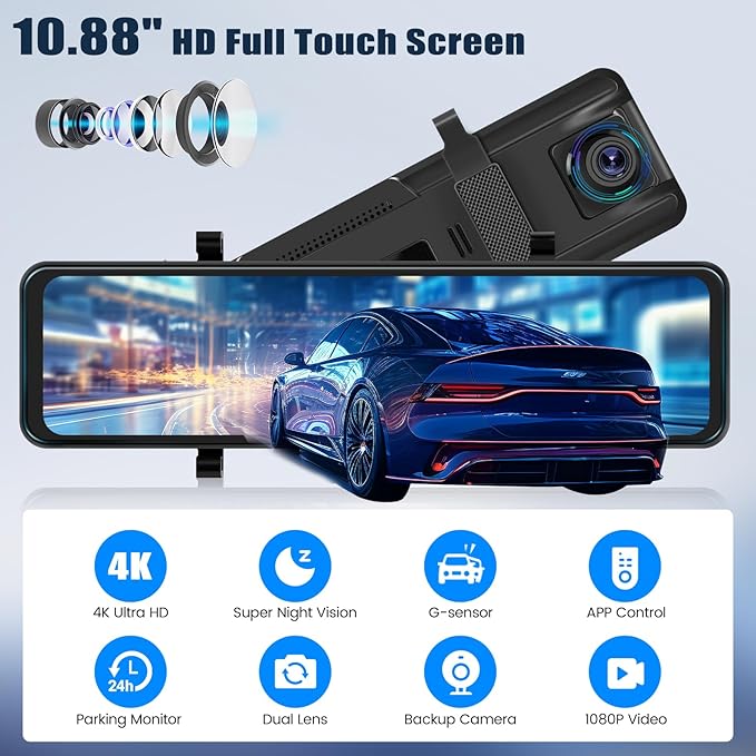 10.88 Inch Mirror Dash Cam,4K Touchscreen Rear View Mirror Front and Rear View Dual Cameras,Night Vision,G-Sensor,APP Control,Motion Detection,Loop Recording,Parking Assistance,Parking Monitor - Image 2