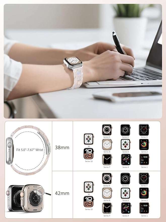 V.R.HOPE Resin Watch Band Compatible with Apple Watch Band for Women 42mm 44mm 45mm 46mm49mm Tortoise Fashion Lightweight Bracelet Strap for iWatch Series Ultra3/11/10/9/8/7/6/5/4/3/2/1/SE3(Creamy silver) - Image 6