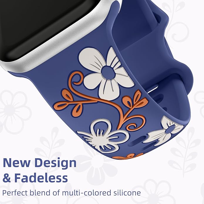 Witzon Floral Band Compatible with Apple Watch Bands For Women 40mm 41mm 38mm 42mm 44mm 45mm 46mm 49mm, Engraved Cute Flower Silicone Dressy Strap for iWatch Series 11 10 9 8 7 6 5 4 3 2 SE Ultra - Image 3