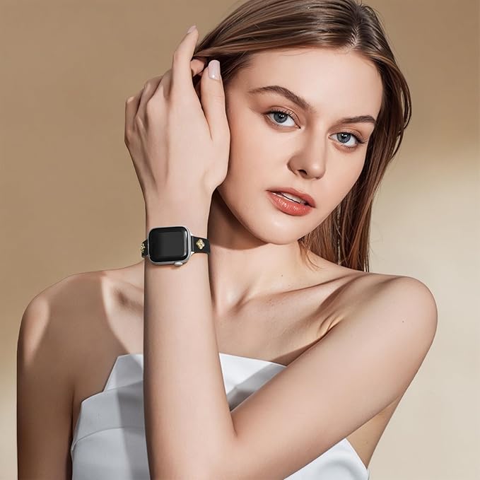STROLL Thin Leather Band Compatible with Apple Watch Bands 42mm(Series 11 10) 41mm 40mm 38mm Women, Stylish Genuine Leather Strap with Charms, Slim Wristband Design for iWatch SE Series 9 8 7 6 5 4 3 2 1, Black/Silver - Image 7