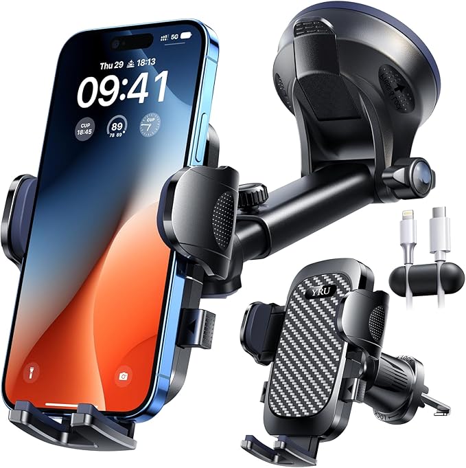 YRU True Military-Grade [360° Rotation Suction] 2026 Ultimate Car Phone Holder Mount 【90+LBS Safest Strongest & Patent Certs】 Dash Windshield Vent for iPhone 17 16 Pro Max Speaker Stands, Gloss Black by YRU2026ProCarMount