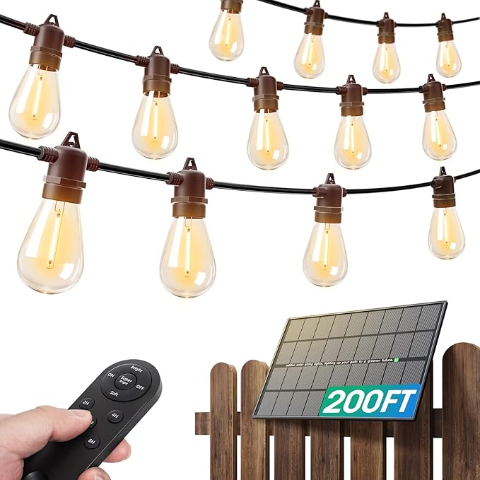 addlon 200FT(192+8) Solar String Lights Outdoor Waterproof with 6W Panel USB & Remote Control Patio Lights Long Last for 20+Hrs Dimmable Solar Power LED Bulbs for Porch Garden Market Bistro Backyard by addlon