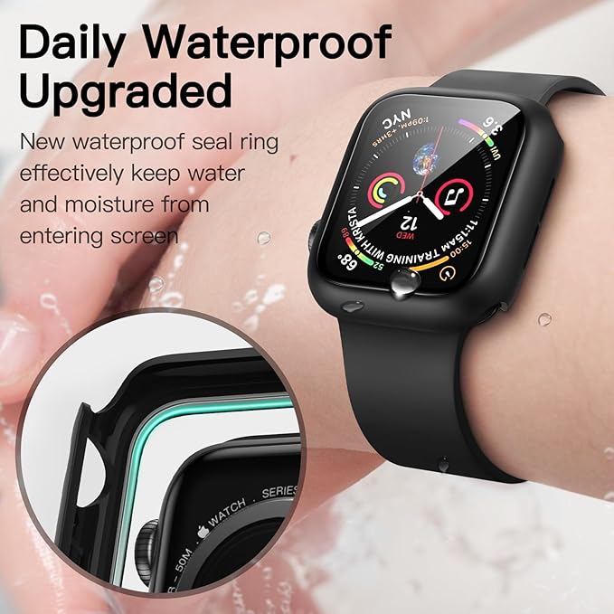 JETech Waterproof Case with Screen Protector for Apple Watch SE 3/2/1 (2025/2022/2020) / Series 6 5 4 40mm, Built-in Tempered Glass Film Hard PC Bumper Full Protective Cover, 2 Pack (Black) - Image 3