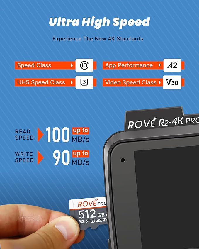 ROVE PRO Micro SD Card microSDXC 512GB Memory Card with Full-Size SD Adapter 100MB/s Read Speed, C10, U3, V30, 4K, A2 for Dash Cam, Android Smart Phones, Tablets, Games - Image 2