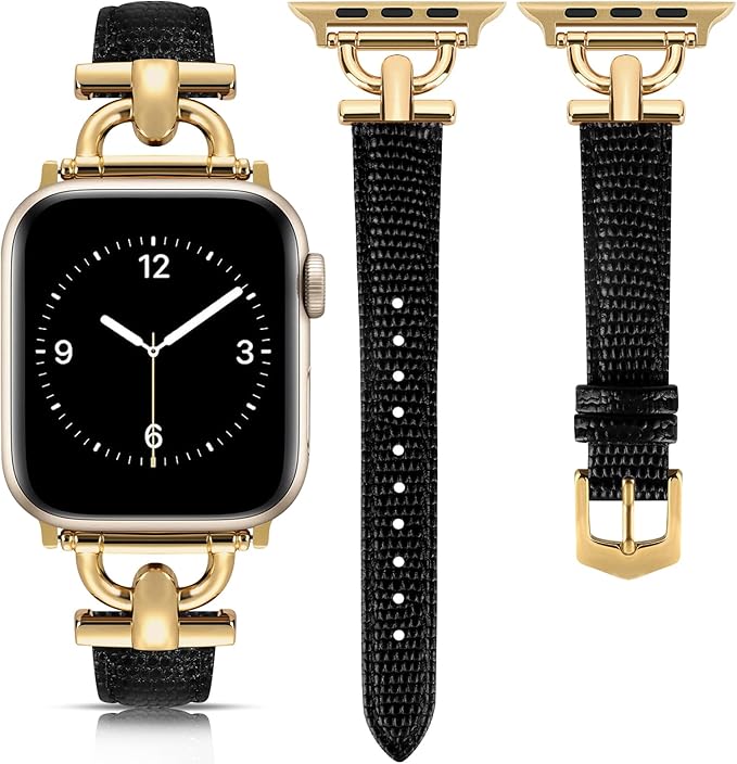 Leather Band Compatible with Apple Watch Bands for Women, Dressy Fancy Strap for iWatch Series 11/10/9/8/7/6/5/4/3/2/1/se/Ultra/Ultra 2(49mm 46mm 45mm 44mm 42mm,Lizard Black/Gold) by mxiixnai