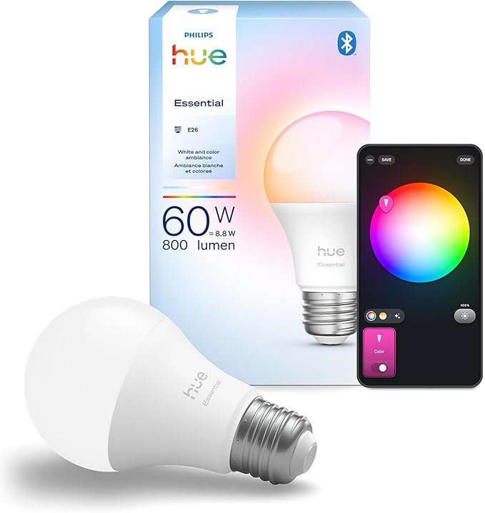 Philips Hue Essential Smart LED A19 Bulb, White and Color Ambiance, E26 Base, 8.8W, 2200K-6500K, 800 Lumens, Dimmable, Works with Alexa, Google, and Apple Home, 1-Pack by PhilipsHue