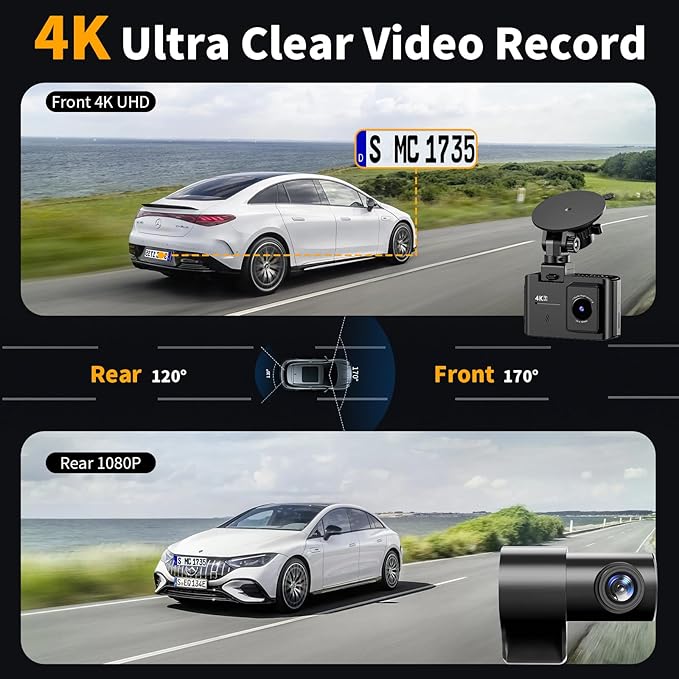 Dash Cam Front and Rear: 4K Dual Channel Dash Cam - 5GHz WiFi, Dash Camera for Cars with 64GB Card, 2" IPS, App Control, G-Sensor, Loop Recording, 170° Wide Angle, Night Vision, 24H Parking Mode - Image 3