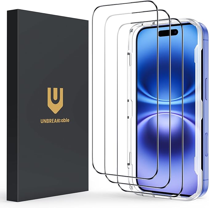UNBREAKcable for iPhone 16 Screen Protector, 3-Pack Full Coverage Tempered Glass [Military Grade Shatterproof] [9H Hardness] [Easy Installation Frame] [Bubble Free] for iPhone 16 6.1" - Image 8