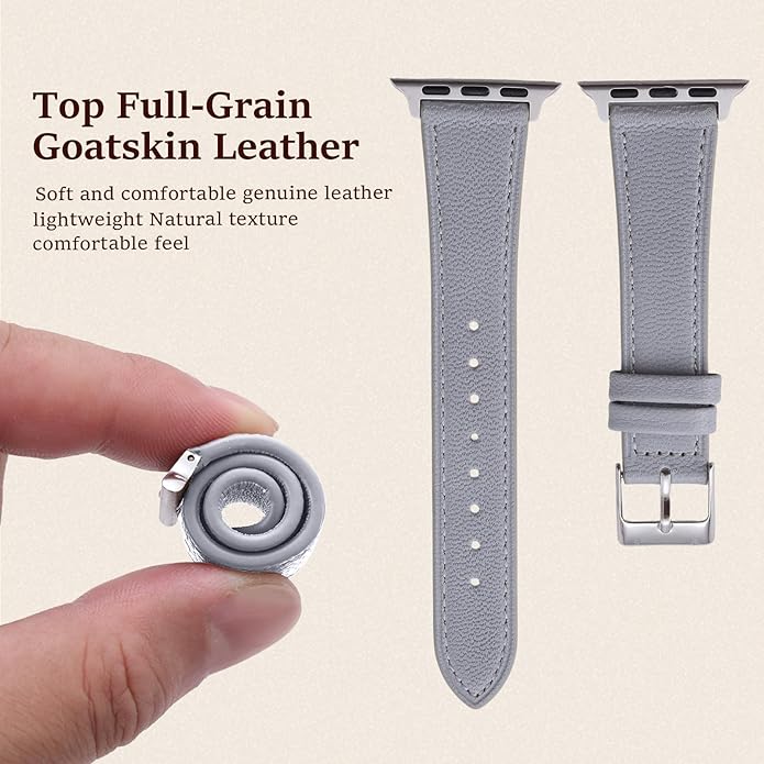 Soft French Goatskin Women Slim Leather Watch Band Compatible with Apple Watch 38mm 40mm 41mm 42mm 44mm 45mm 46mm 49mm, Thin Leather Strap Replacement for iWatch Series Ultra SE 10 9 8 7 6 5 4 3 2 1 - Image 5