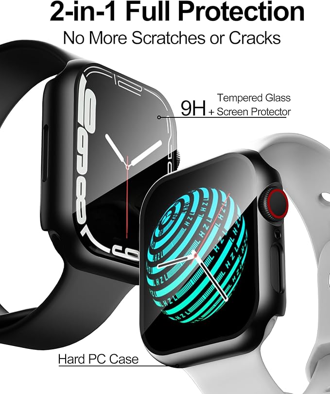 Smiling 2 Pack Case Compatible with Apple Watch Series 9 (2023)/Series 8 /Series 7 45mm with Tempered Glass Screen Protector, Hard PC Overall Protective Cover- Black - Image 2